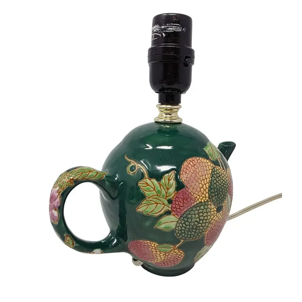 Vintage Ceramic Teapot Lamp Raised Fruit Green Chinoiserie Table Light